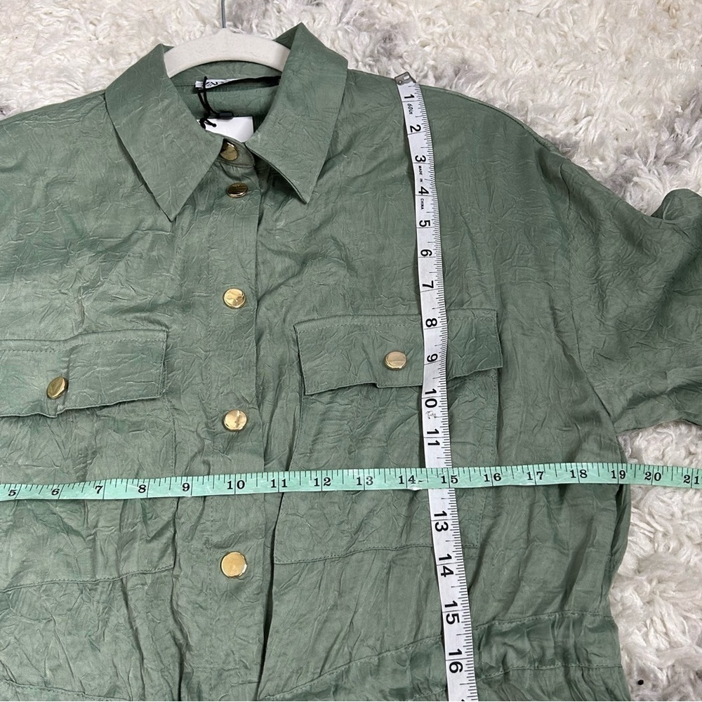 NWT Zara Green Satin Crinkle Cinch Waist Button Down Blouse - Picture 15 of 16